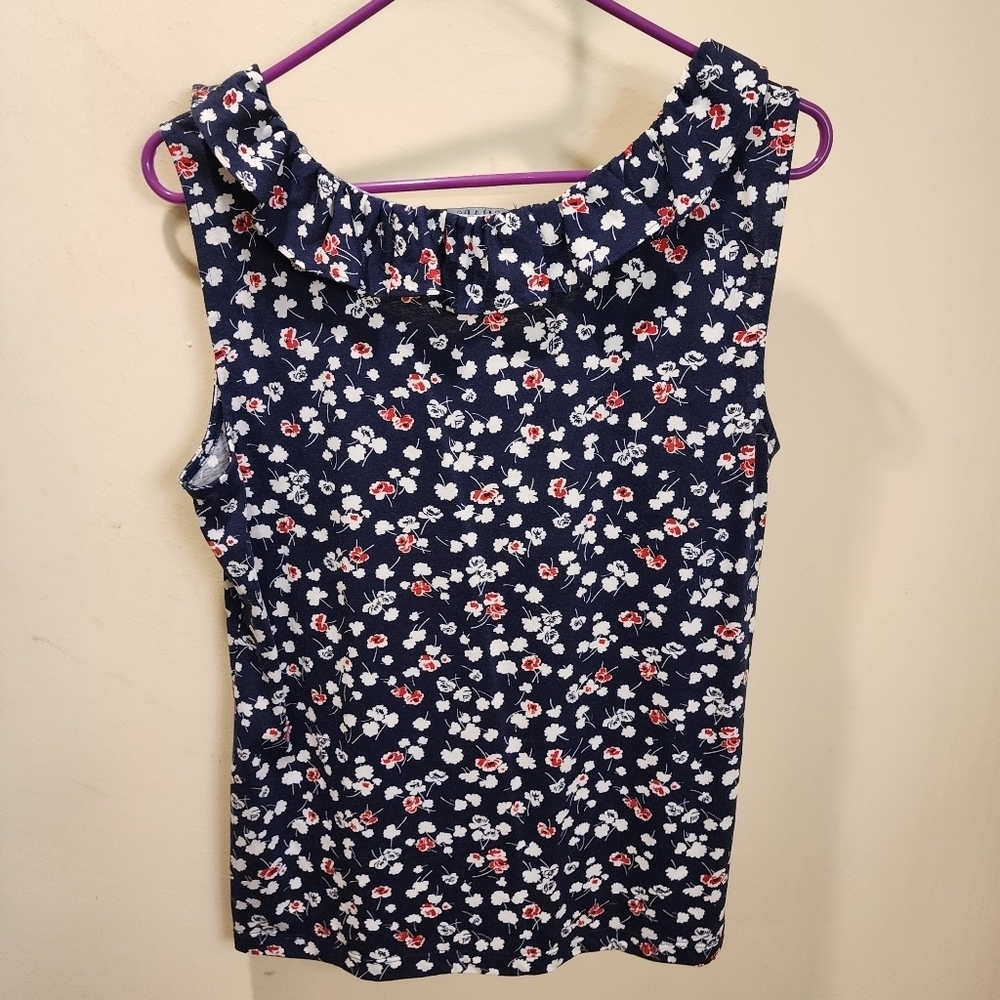 Chaps navy floral ruffled neck sleeveless 100% cotton size PL - Picture 4 of 9
